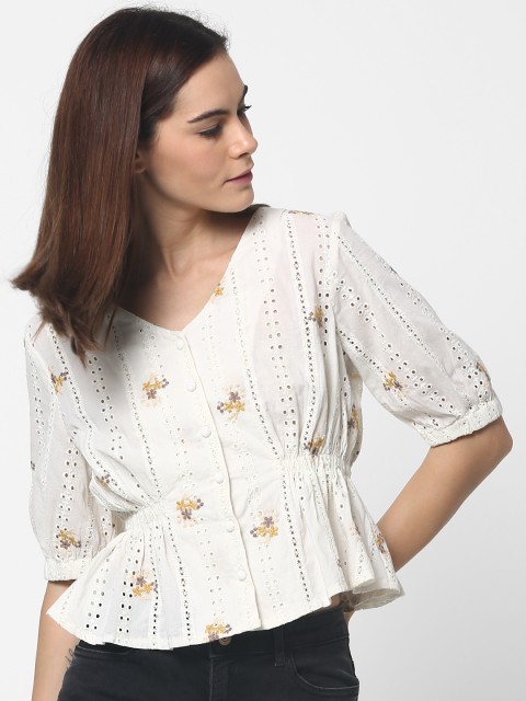 

ONLY Women Off-White Self Design Cinched Waist Top
