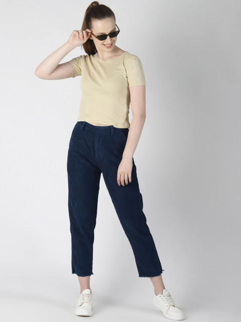 

Blue Saint Women Navy Blue Regular Fit Self Design Regular Trousers