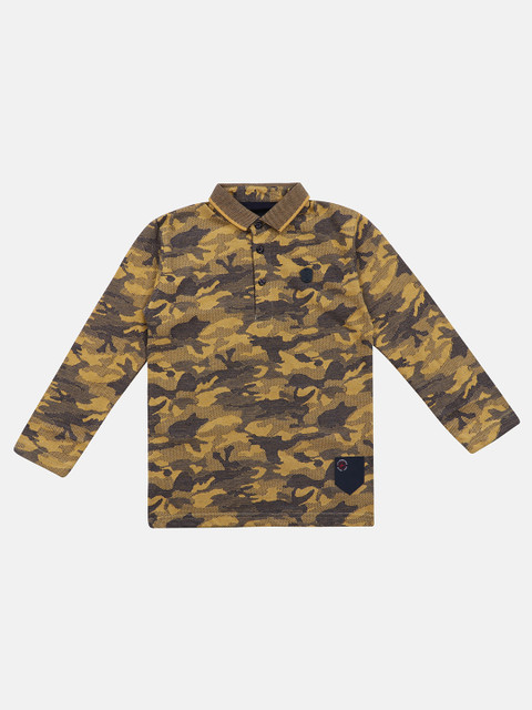 

Lil Tomatoes Boys Yellow & Black Camouflage Printed Polo Collar T-shirt