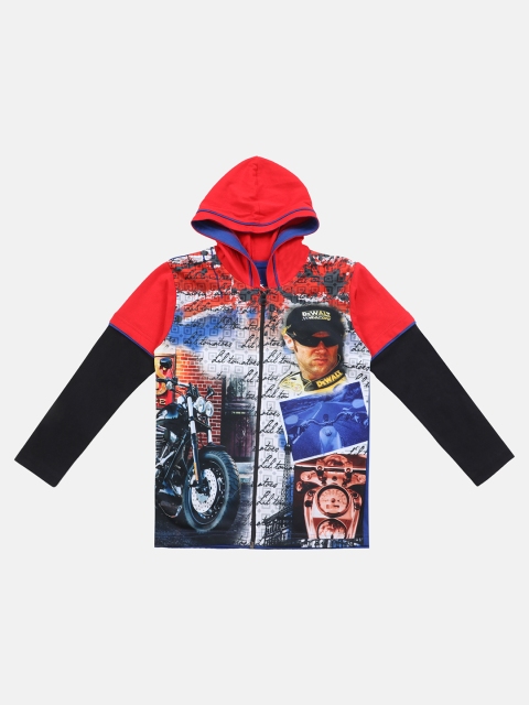 

Lil Tomatoes Boys Red & Blue Printed Hooded Sweatshirt