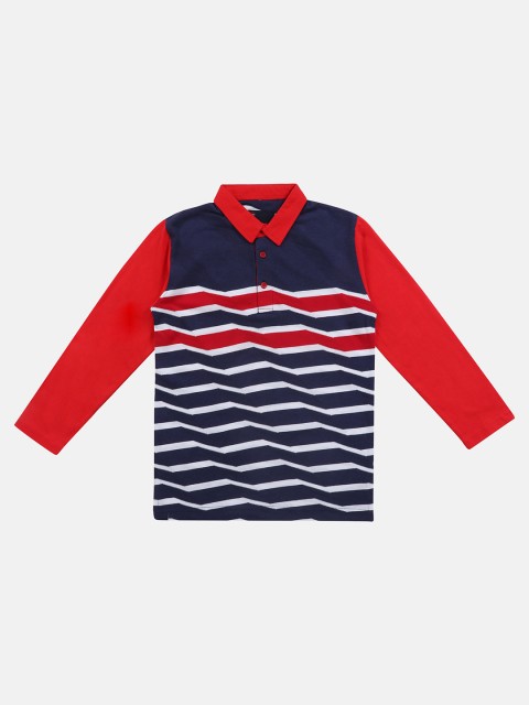 

Lil Tomatoes Boys Navy Blue & White Printed & Self Design Polo Collar T-shirt