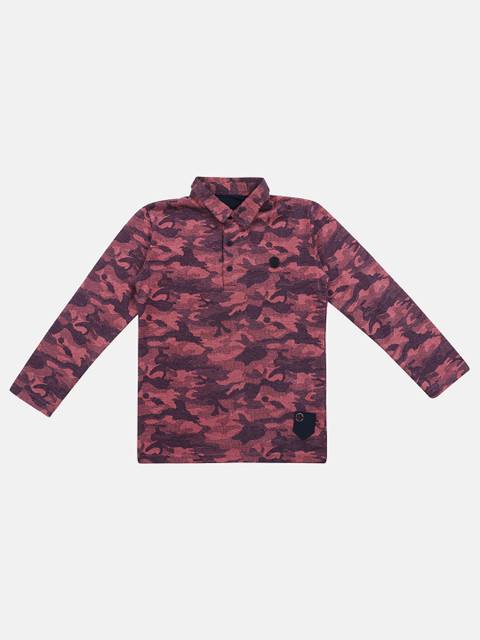 

Lil Tomatoes Boys Coral Pink & Black Camouflage Printed Polo Collar T-shirt