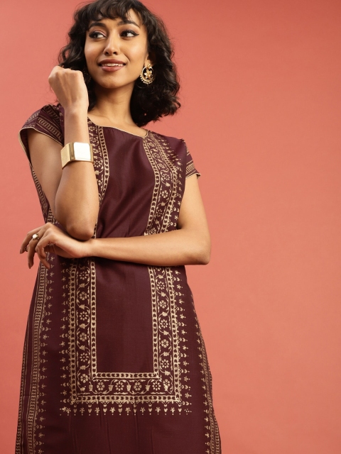 

Taavi Women Maroon & Golden Handblock Print Legacy Straight Sustainable Kurta
