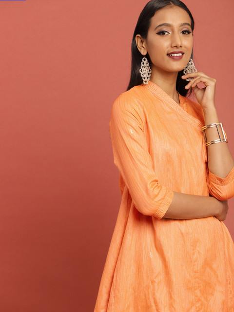 

Taavi Women Orange Hand Block Print Legacy A-Line Angrakha Sustainable Kurta with Tie-Ups