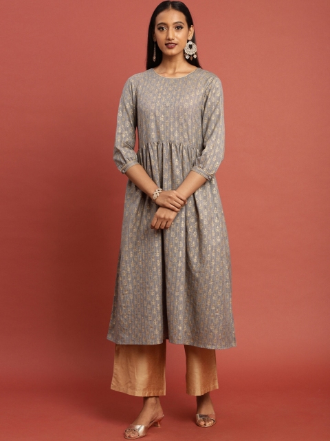 

Taavi Women Grey & Gold-Coloured Hand Block Print Legacy A-Line Sustainable Kurta with Tie-Up Detail