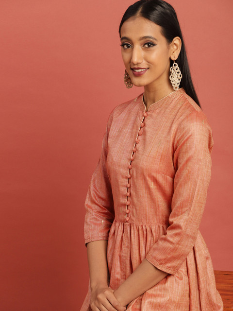 

Taavi Women Peach-Coloured & Gold-Coloured Hand Block Print Legacy A-Line Sustainable Kurta