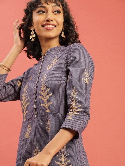 

Taavi Women Navy Blue & Golden Hand Block Print Legacy A-Line Sustainable Kurta with Button Placket
