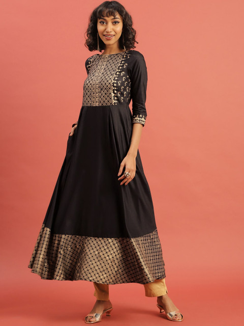 

Taavi Women Black & Golden Hand Block Print Legacy A-Line Sustainable Kurta with Pleats