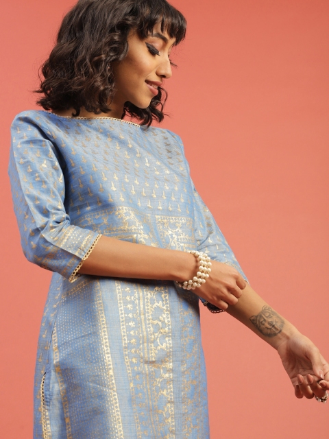 

Taavi Women Blue & Golden Hand Block Print Legacy Straight Sustainable Kurta