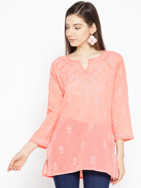 

ADA Women Peach-Coloured & White Chikankari Embroidered Pure Cotton Kurti