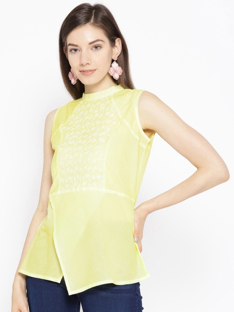 

ADA Women Yellow Chikankari Hand-Embroidered Sustainable Pure Cotton Top