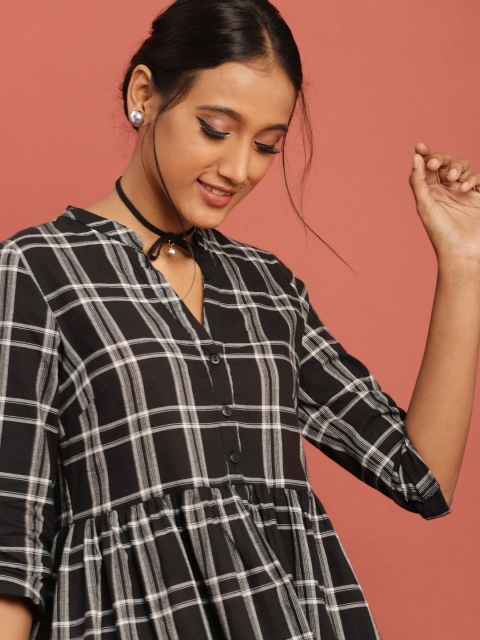 

Taavi Women Black & White Checked Woven Legacy A-line Sustainable Kurta with Roll-Up Sleeves