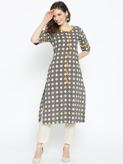 

HERE&NOW Women Navy Blue & Yellow Katha Print Straight Kurta