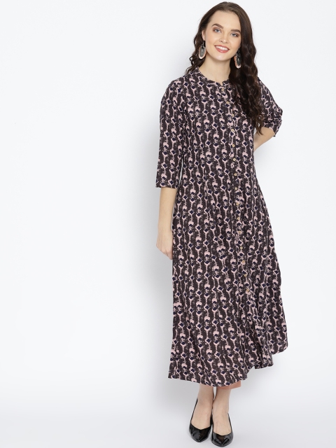 

HERE&NOW Women Charcoal grey & Pink Printed A-Line Kurta