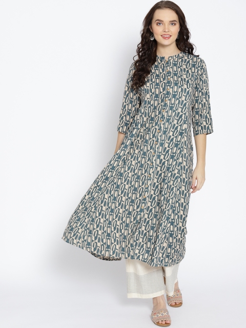 

HERE&NOW Women Beige & Green Printed A-Line Kurta