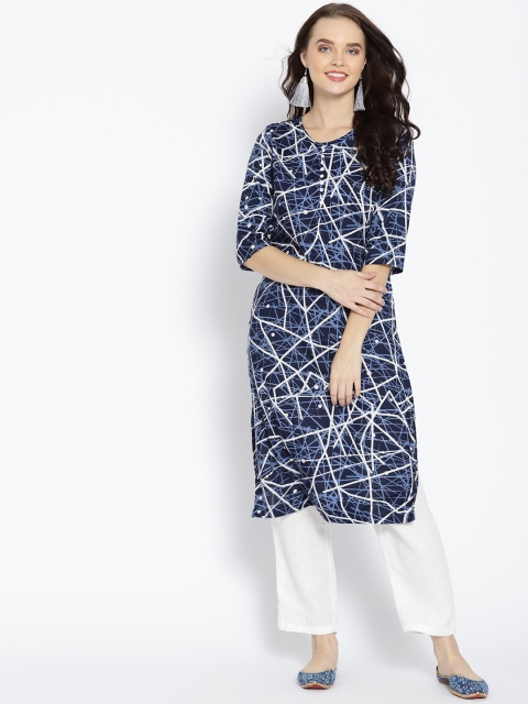 

HERE&NOW Women Blue & White Printed Straight Kurta