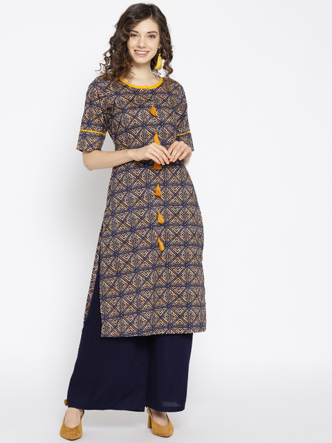 

HERE&NOW Women Beige & Navy Blue Printed Straight Kurta