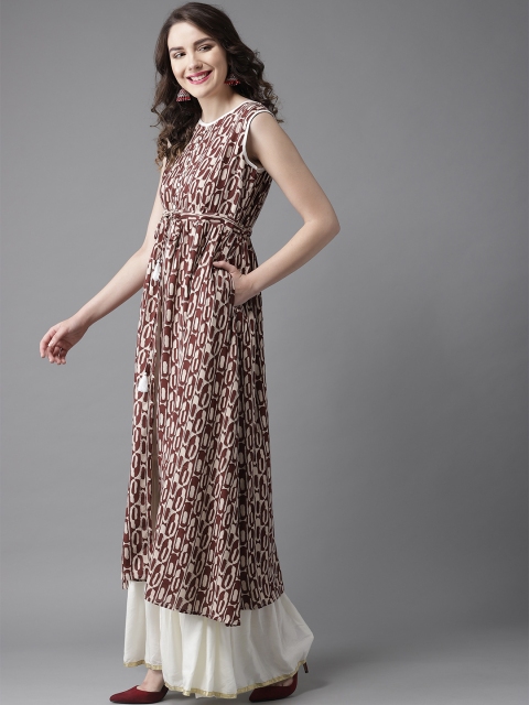 

HERE&NOW Women Brown & Beige High Slit Printed A-Line Kurta