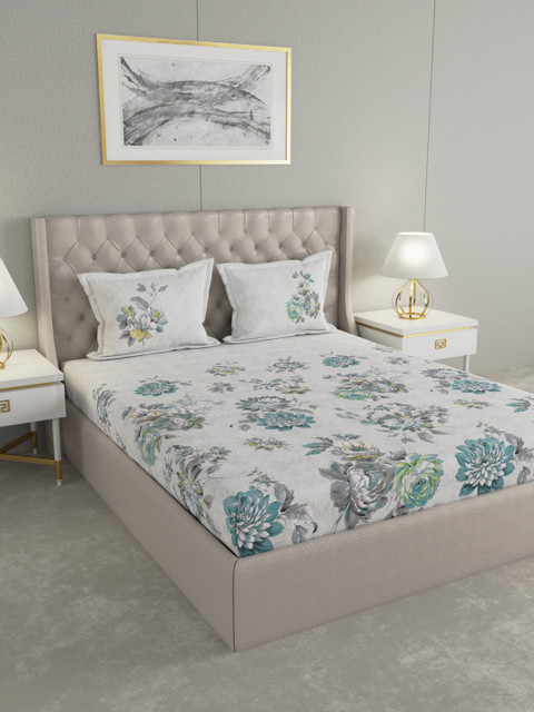 

GM Off-White & Blue Floral 210 TC Cotton Double King Bedsheet with 2 Pillow Covers