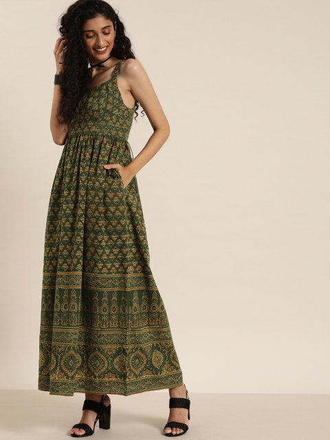 

Taavi Women Olive Green & Mustard Yellow Ajrakh Hand Block Print Maxi Sustainable Dress with Pockets