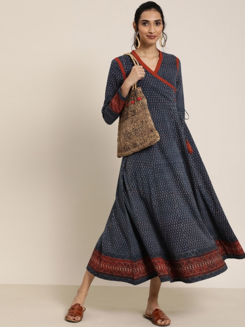 

Taavi Women Navy Blue & Beige Ajrakh Hand Block Print Sustainable A-Line Angrakha Kurta with Pockets