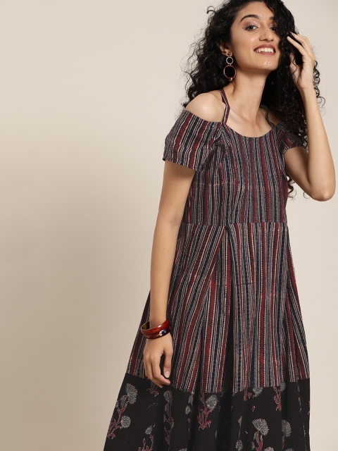 

Taavi Women Black & Blue Ajrakh Hand Block Print Striped A-Line Sustainable Dress with Shoulder Straps