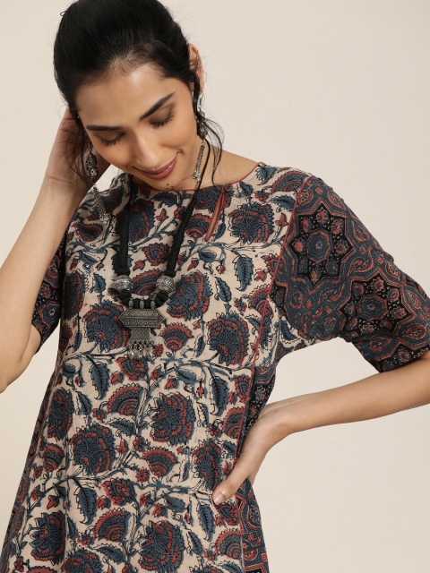 

Taavi Women Beige & Teal Blue Ajrakh Hand Block Print Sustainable Straight Kurta with Button Closure