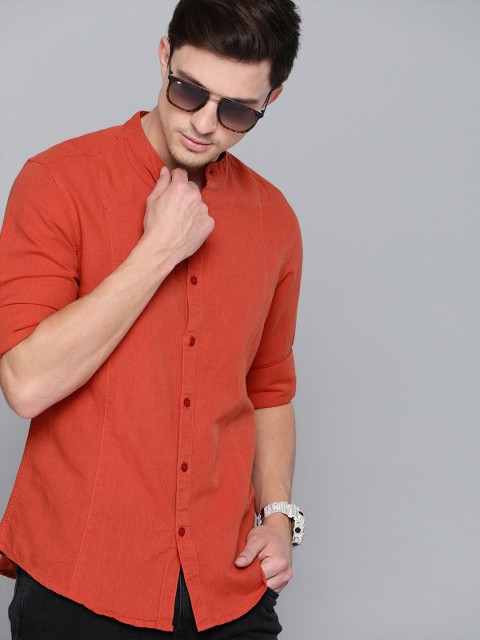 

Harvard Men Coral Orange Regular Fit Solid Cotton Linen Casual Shirt