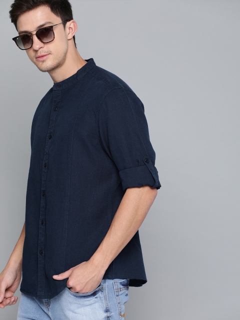 

Harvard Men Navy Blue Regular Fit Solid Cotton Linen Casual Shirt