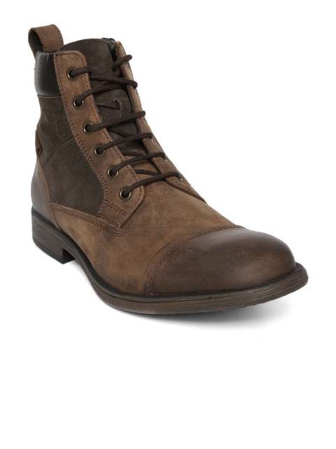 

Geox Men Brown Solid Leather Mid-Top Flat Boots