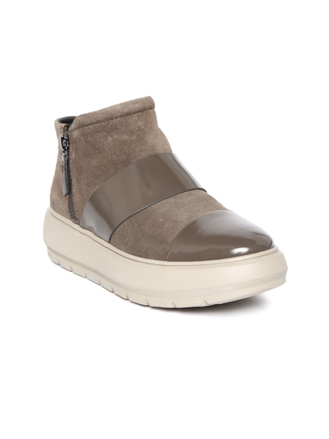 

Geox Women Brown Solid Suede Mid-Top Flatform Sneakers