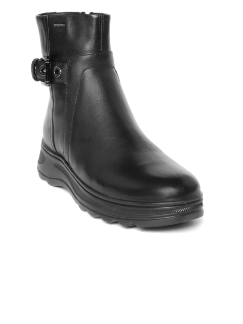 

Geox Women Black Solid Leather Mid-Top Flat Boots