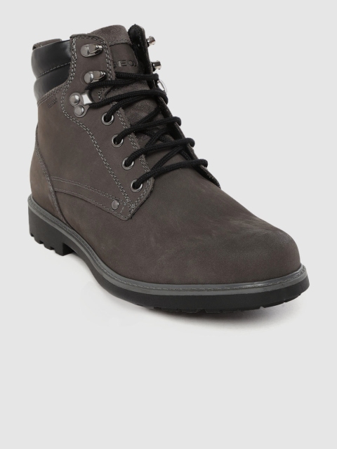 

Geox Men Charcoal Grey Leather Solid Mid-Top Flat Boots