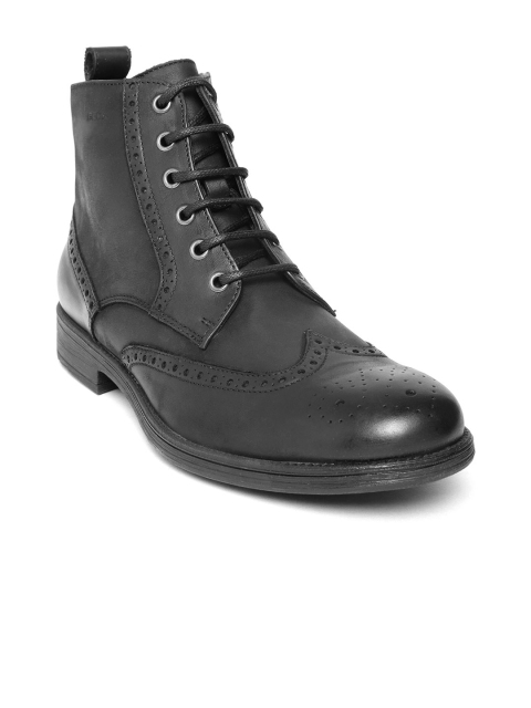 

Geox Men Black Solid Leather Mid-Top Brogue Flat Boots