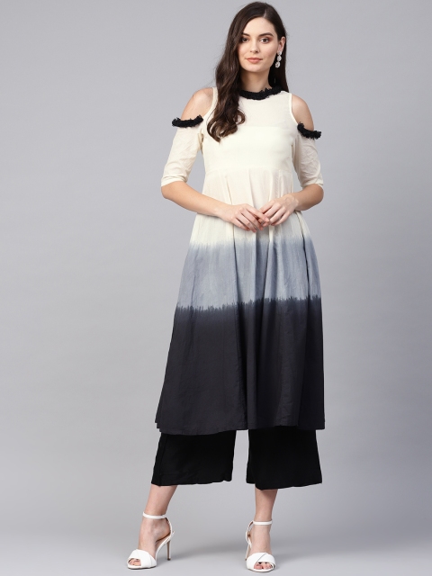 

SASSAFRAS Women Off-White & Black Ombre Dyed A-Line Kurta