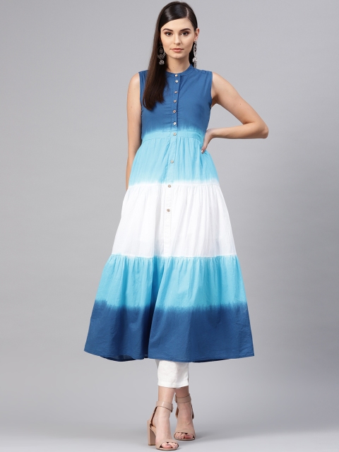 

SASSAFRAS Women Blue & White Dyed Tiered A-Line Kurta