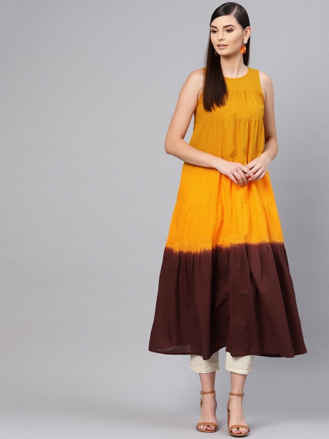 

SASSAFRAS Women Mustard Yellow & Brown Ombre Dyed Tiered A-Line Kurta