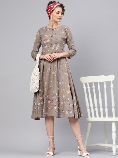 

SASSAFRAS Women Grey & Off-White Cycle Printed A-Line Dress