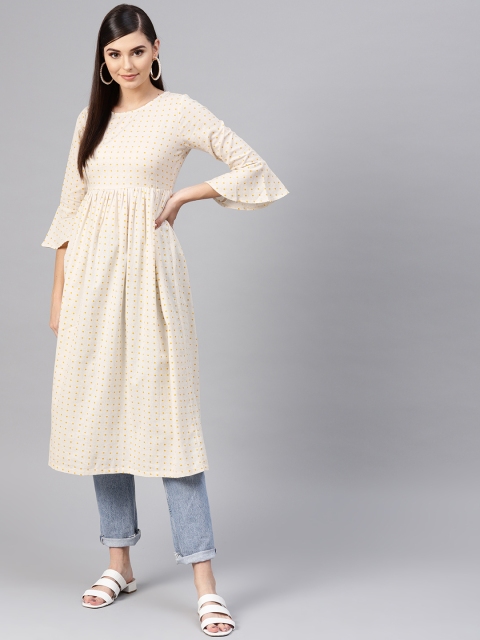 

SASSAFRAS Women Off-White & Yellow Printed A-Line Kurta