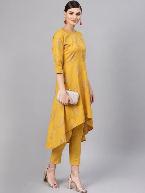 

SASSAFRAS Women Mustard Yellow & Green Printed Kurta with Trousers