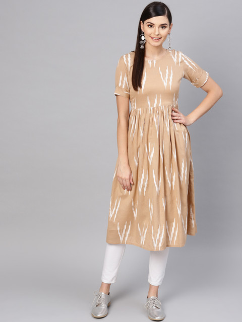 

SASSAFRAS Women Beige & White Ikat Printed A-Line Kurta