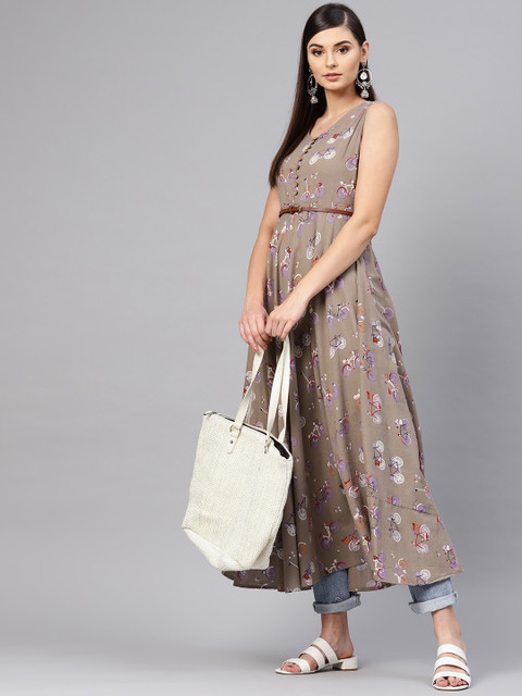 

SASSAFRAS Women Grey & Purple Quirky Printed Anarkali Kurta