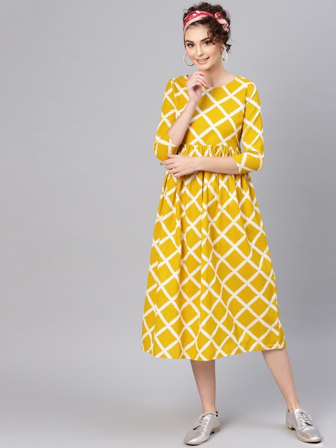 

SASSAFRAS Women Mustard Yellow & White Checked A-Line Dress