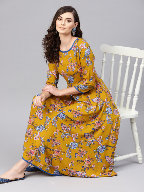 

SASSAFRAS Women Mustard Yellow & Blue Printed A-Line Dress