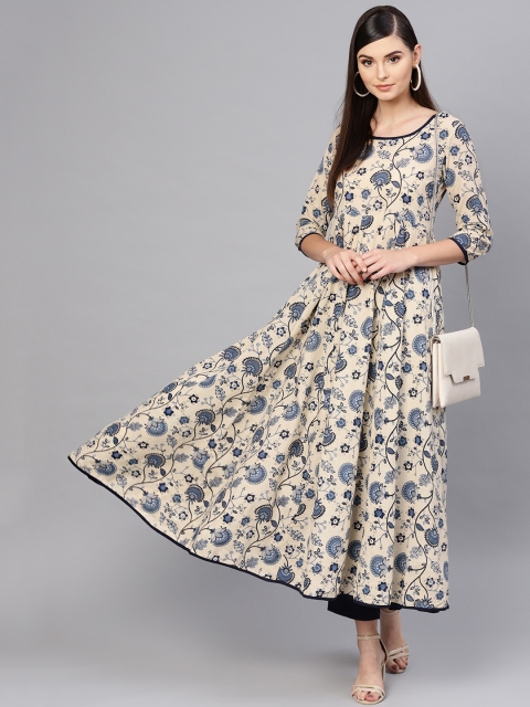 

SASSAFRAS Women Cream-Coloured & Navy Blue Printed Anarkali Kurta