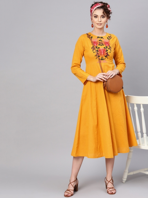 

SASSAFRAS Women Mustard Yellow Embroidered Detail A-Line Dress