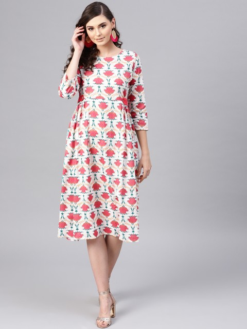 

SASSAFRAS Women Off-White & Pink Floral Print A-Line Dress
