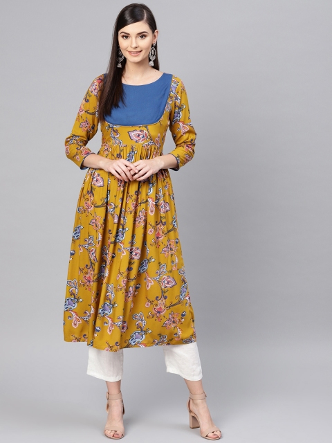 

SASSAFRAS Women Mustard Yellow & Navy Blue Printed A-Line Kurta