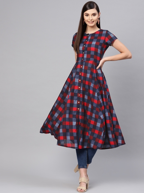 

SASSAFRAS Women Black & Red Checked A-Line Kurta