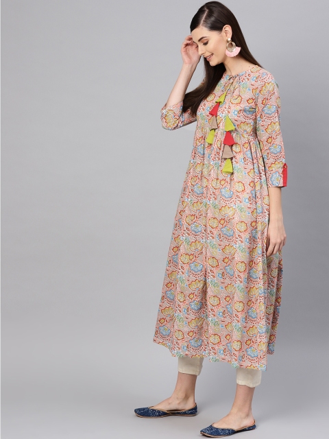 

SASSAFRAS Women Grey & Orange Floral Printed A-Line Kurta